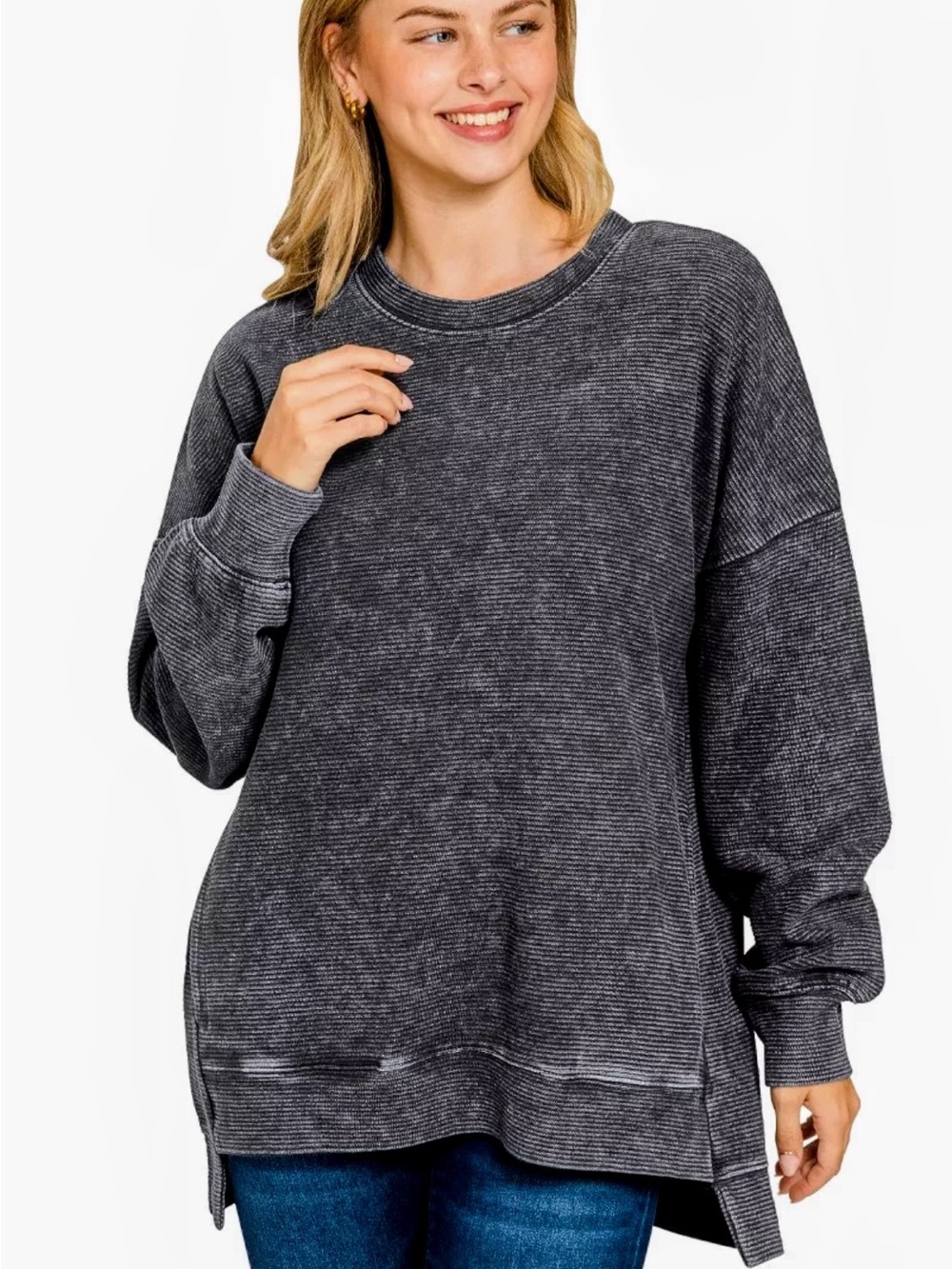 Zenana Full Size Acid Washed Double Ribbed Hi-low Sweatshirt